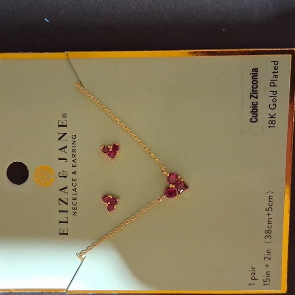 18k Gold Plated Heart Necklace and Earring Set with Cubic Zirconia Red Accents - Picture 3 of 3
